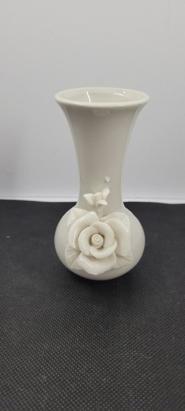 Vintage Ivory Porcelain Vase Applied Rose Floral Bud Vase Shabby Chic Cottage...